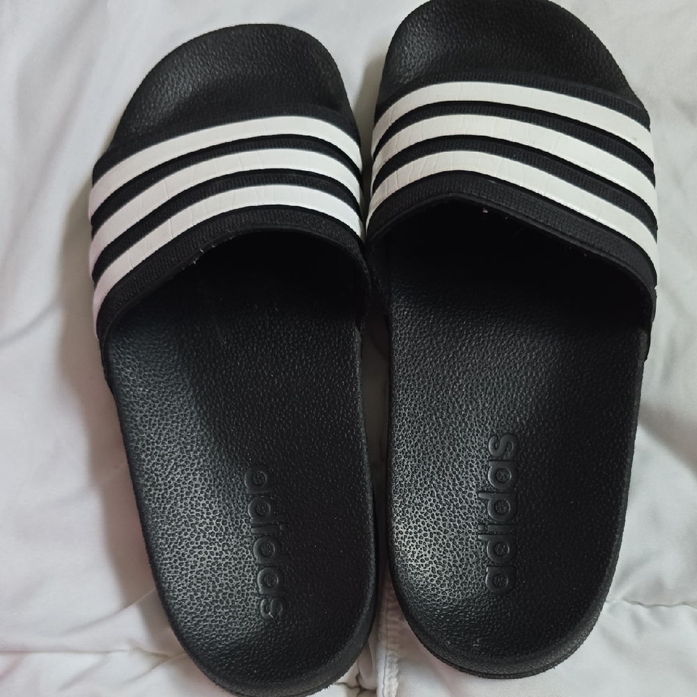 Adidas Black Slides with White Stripes